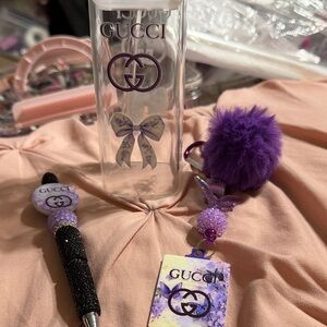 Purple Accessory Set.  Includes matching square glass tumbler, pen & keychain.